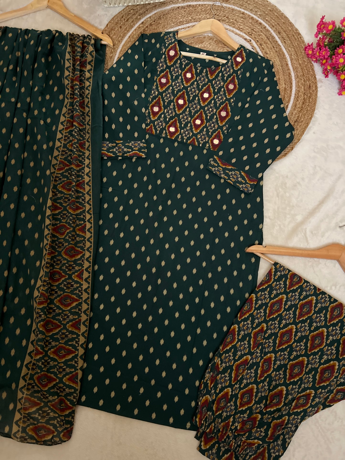 Premium cotton suit set ( sequins work and mirror work on neck )