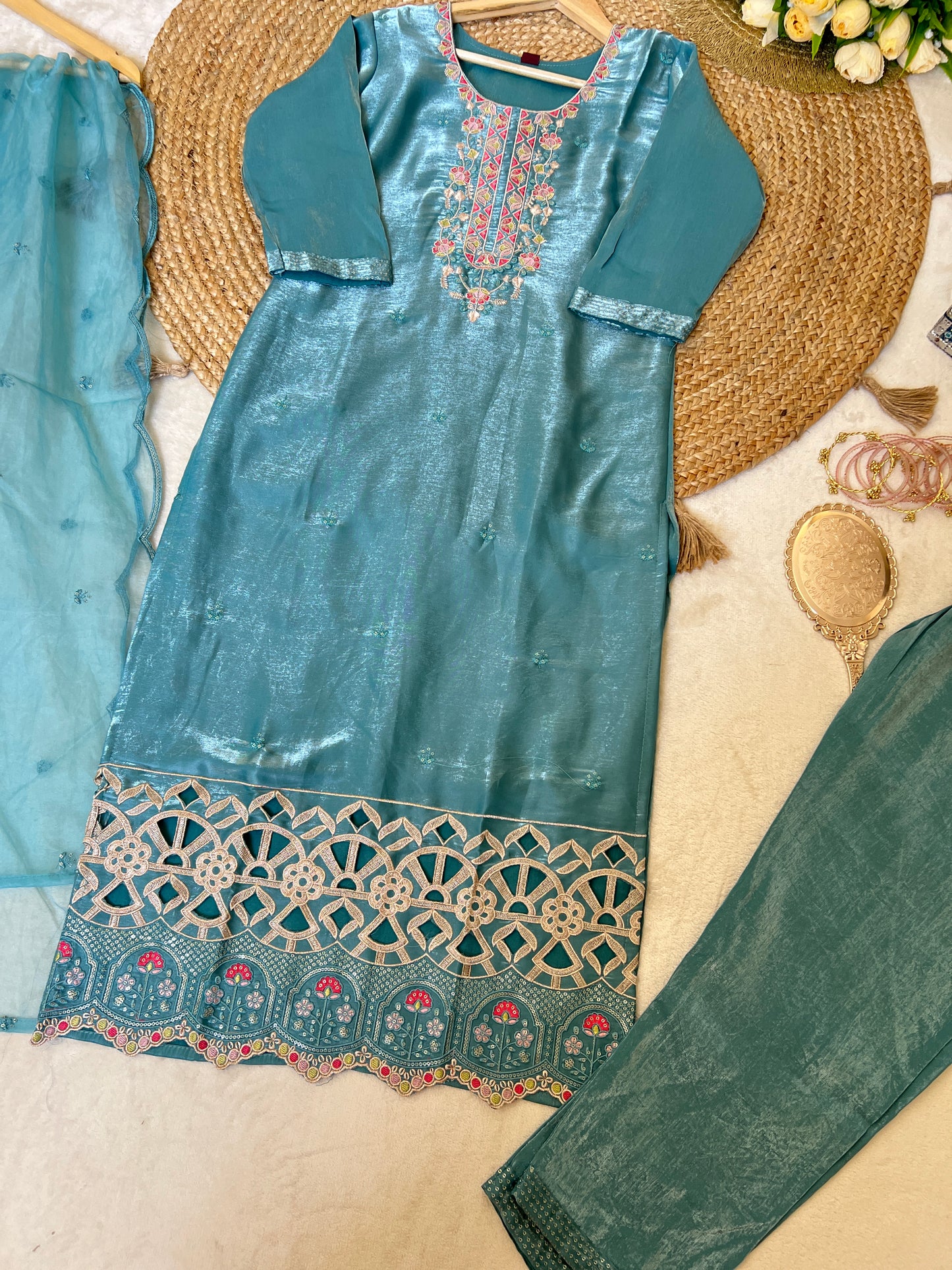 Premium suit set in glass silk smooth material with full embroidery and cut work CBRP2064