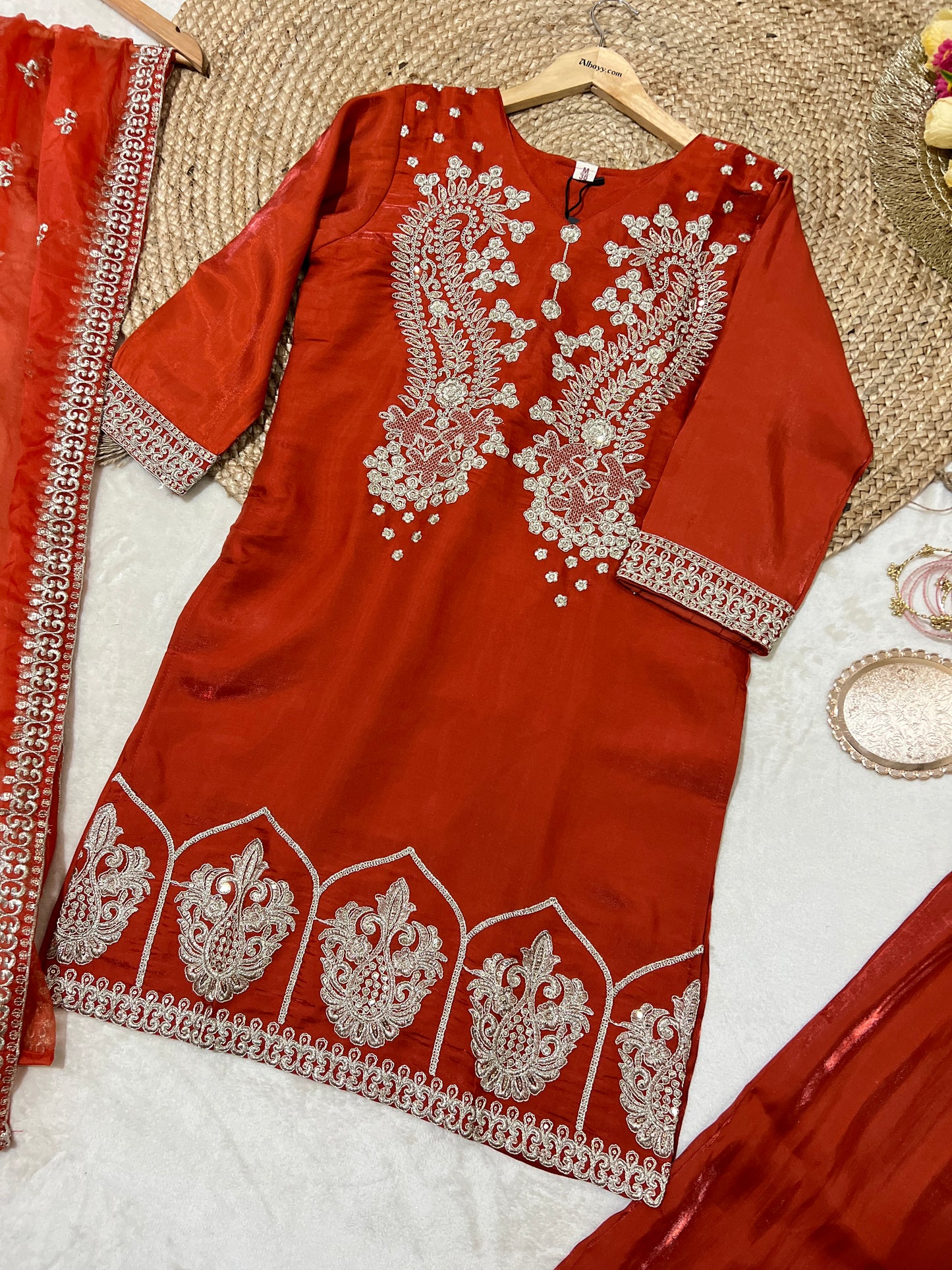 Premium Suit set With full Embroidery & Sequins work material silk and dupatta organza CBRP2064