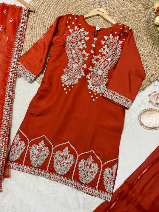 Premium Suit set With full Embroidery & Sequins work material silk and dupatta organza CBRP2064