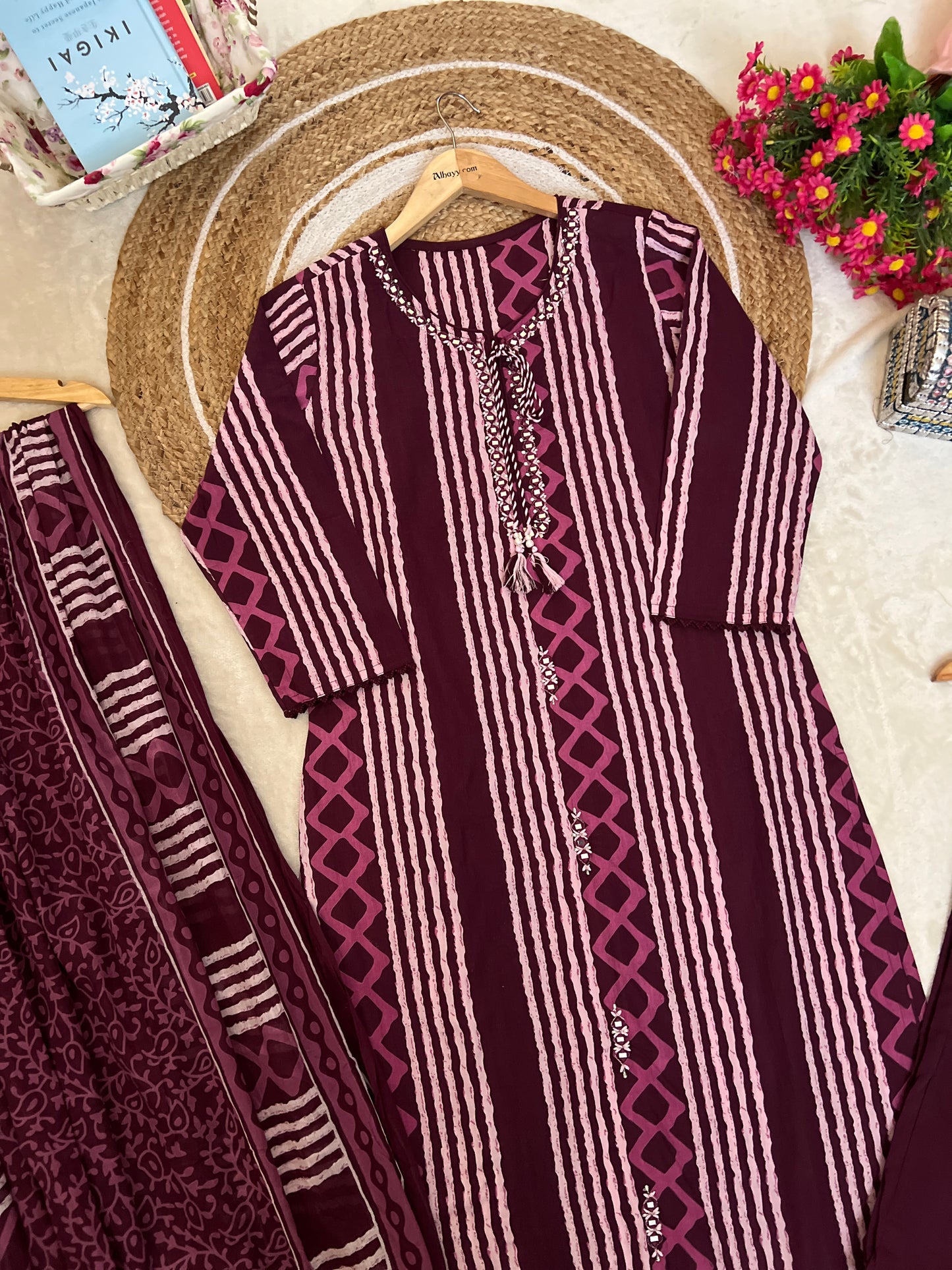 Premium cotton suit set ( full print work & mirror and embroidery work)