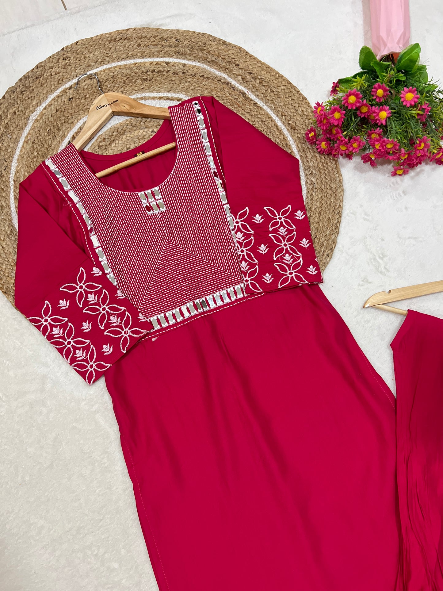 1035-Kurtie pant set mirror work with embroidery