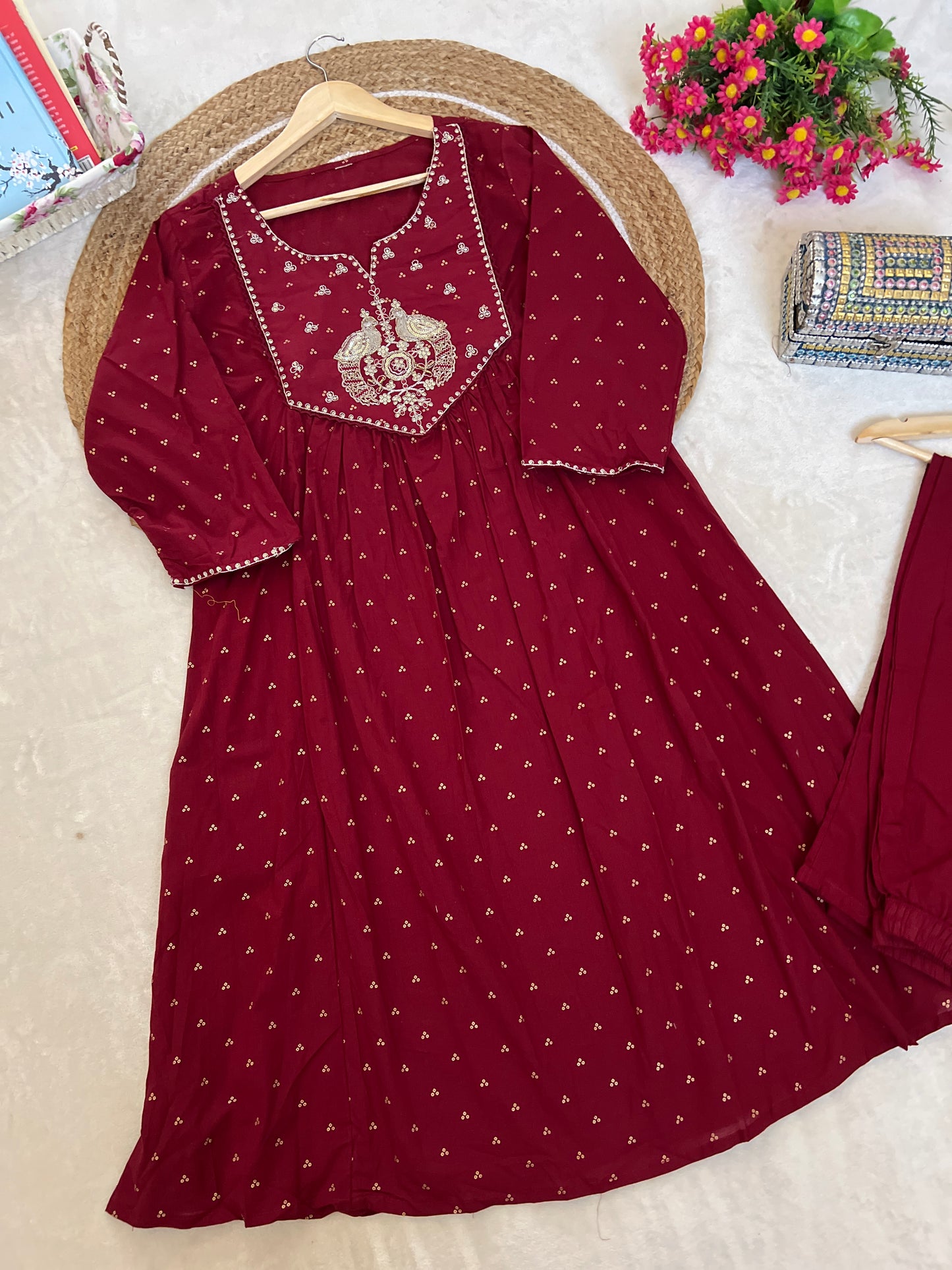 Premium cotton kurtie pant set ( neck hands border sequins embroidery work)