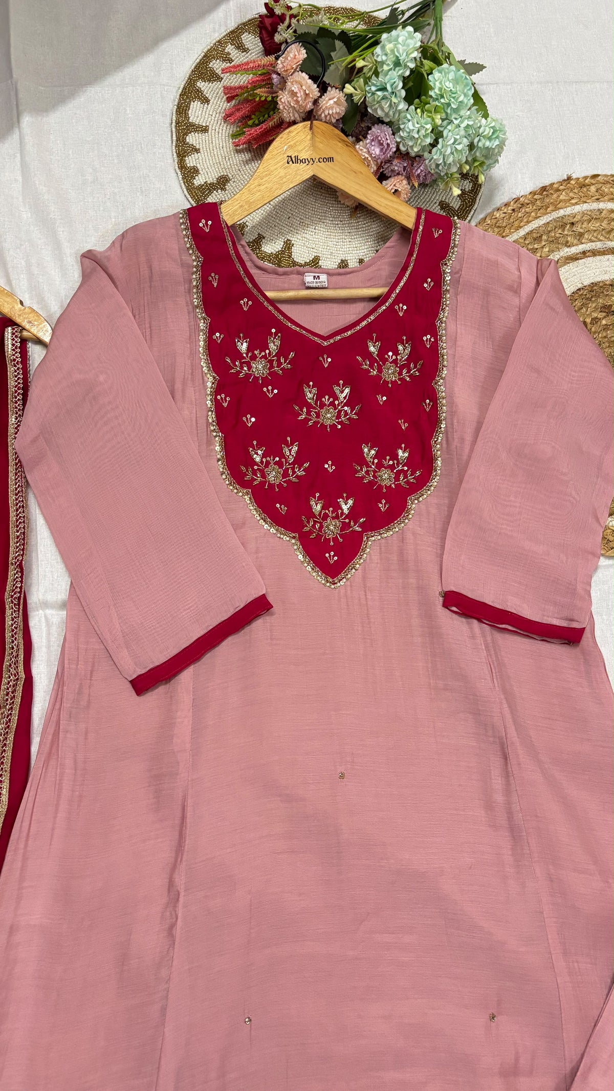 Mul chanderi suit set , Work on neck