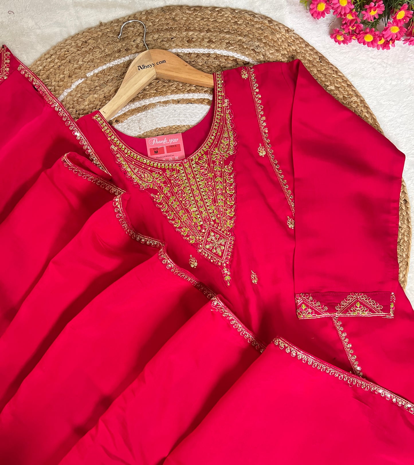 Beautiful red dress in red with golden embroidery and sequins work Material roman silk