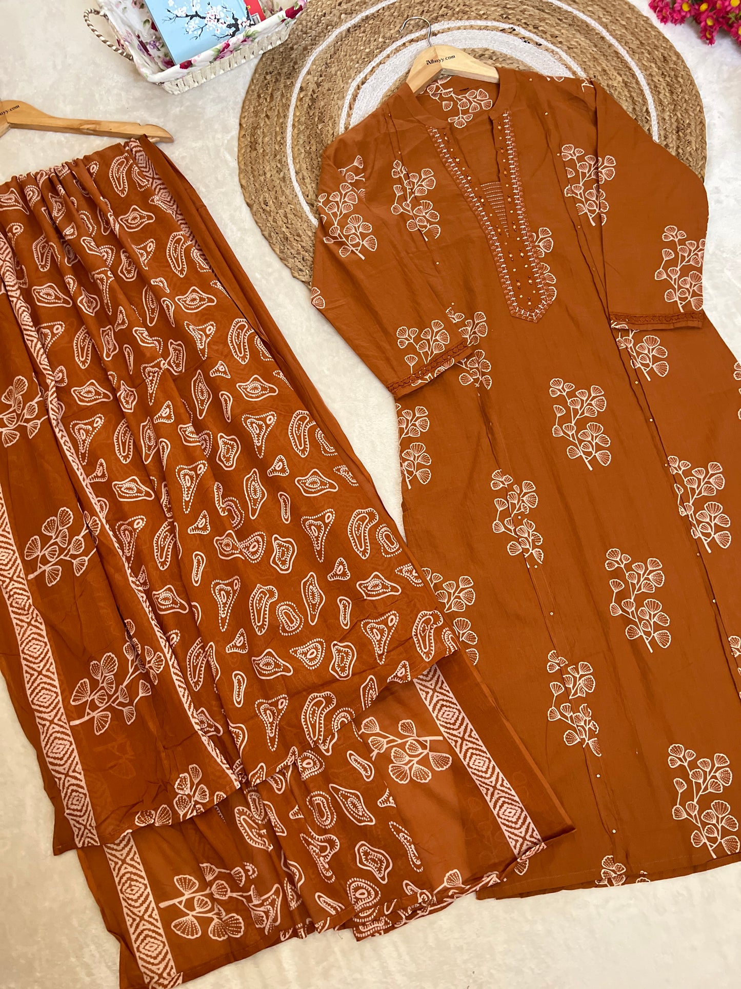 Premium cotton suit set ( lace work on hands , small sequins and embroidery on neck)