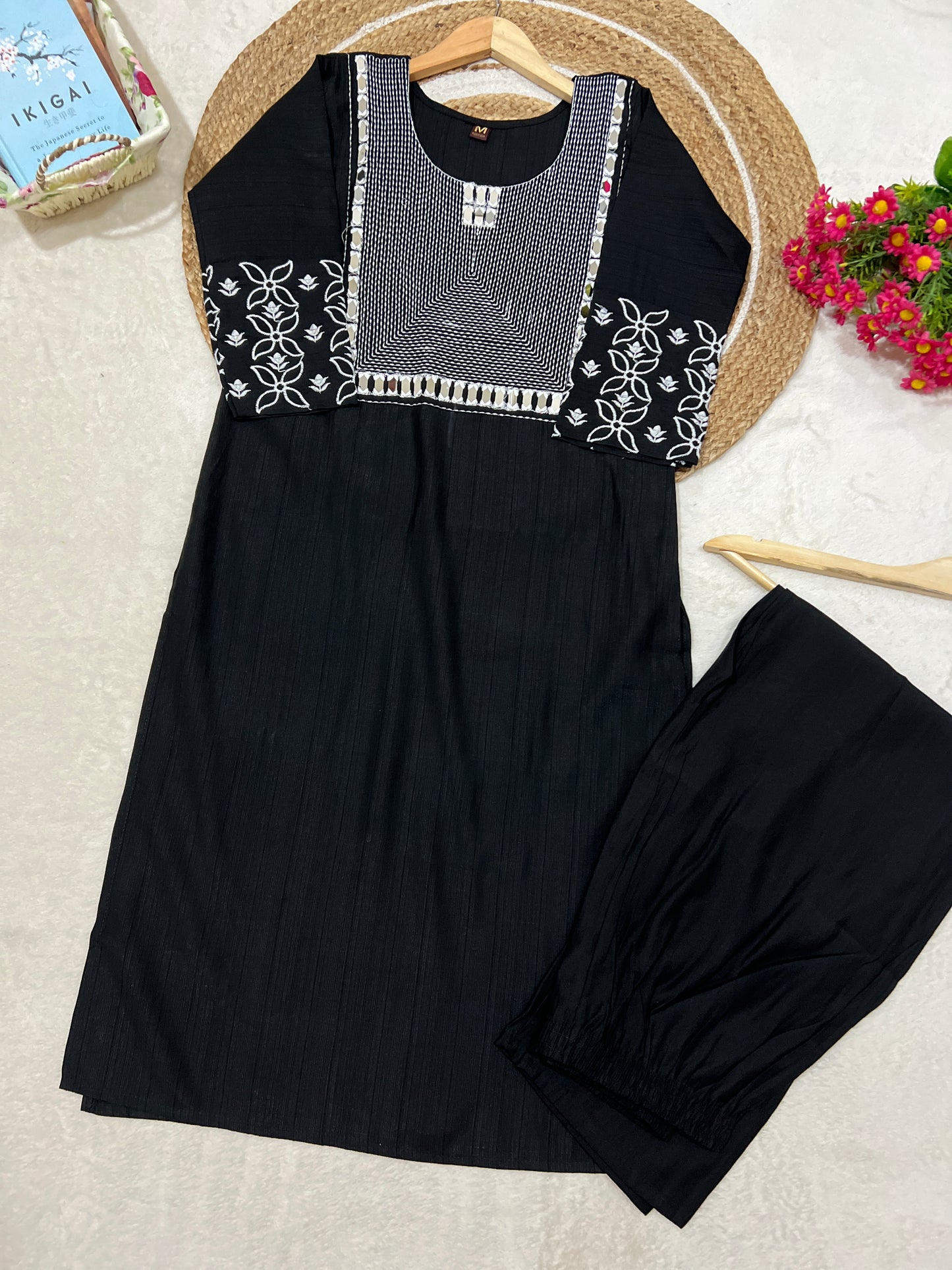 1036-Kurtie pant set with mirror and embroidery work