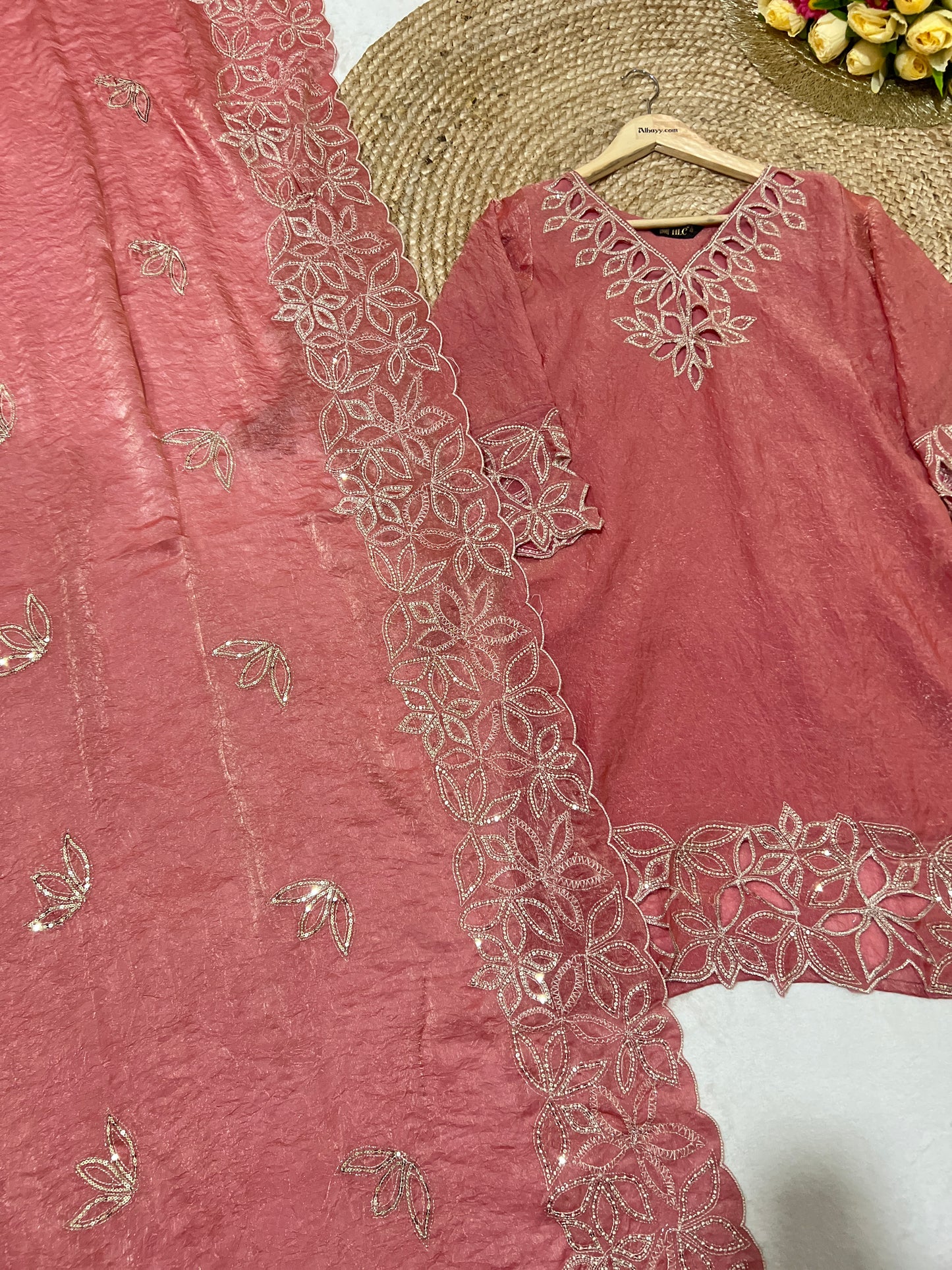 Premium suit set in shimer silk light weight material with cut work and sequins work CBRP 2064