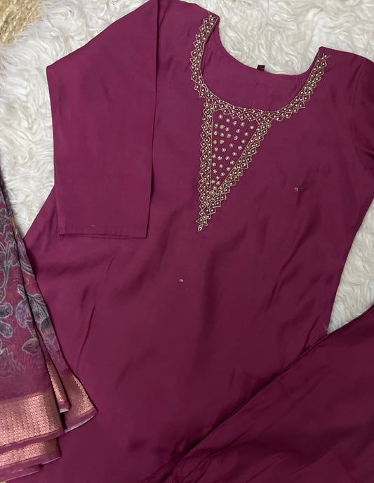 Beautiful dress with work on neck cotton silk material