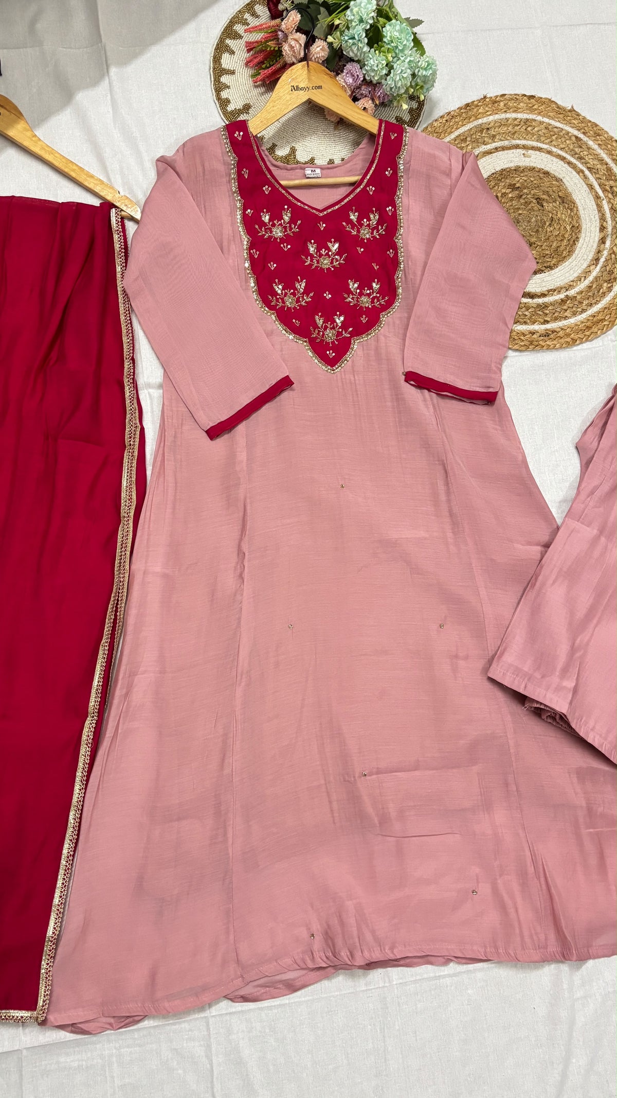 Mul chanderi suit set , Work on neck