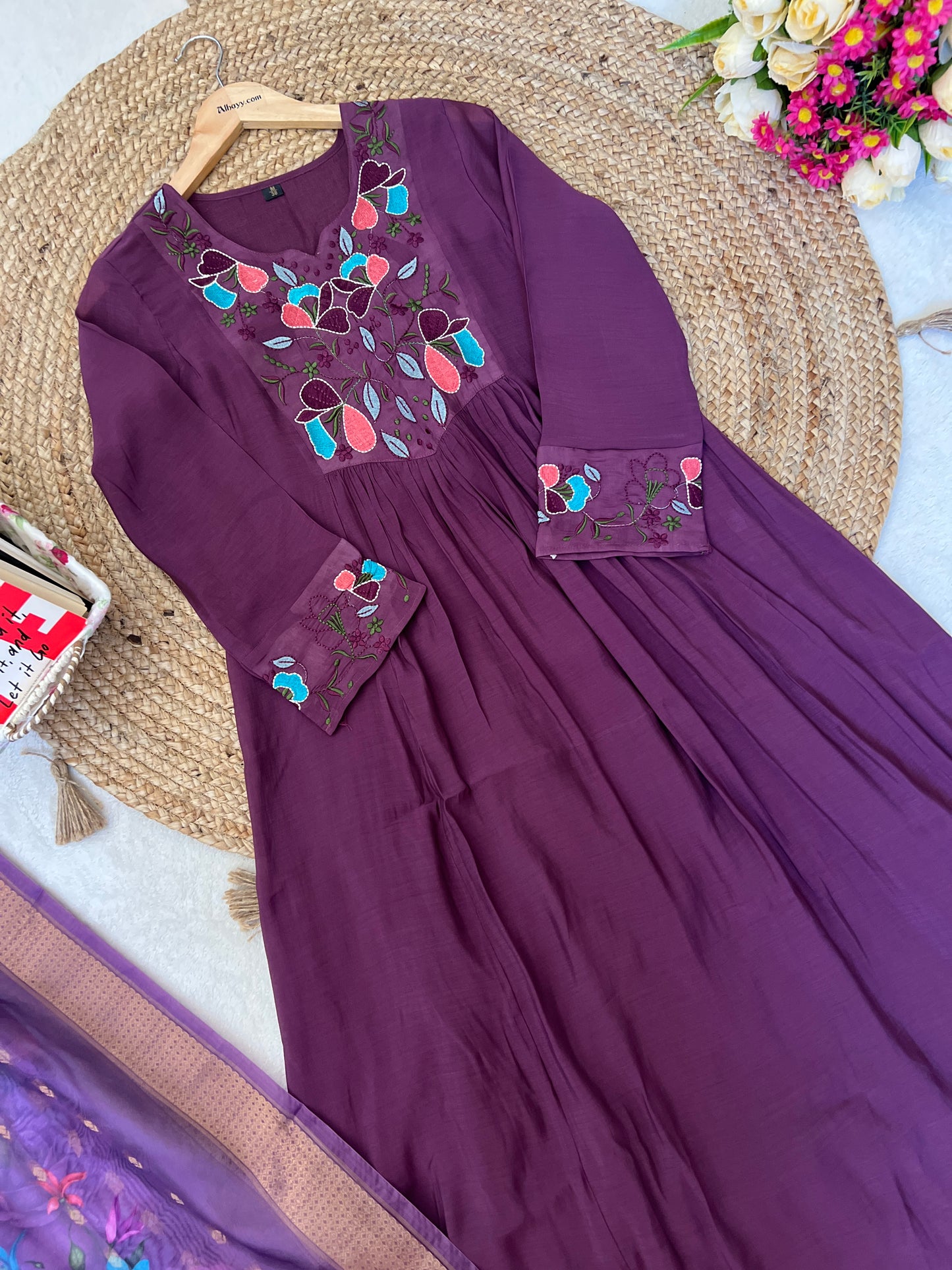 Muslin silk Anarkali with full embroidery Organza dupatta CBRP 1044