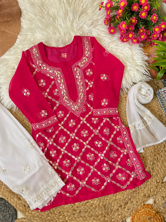 Kids chikankari with gotapatti work (color is pink ,there is color variation in pic)