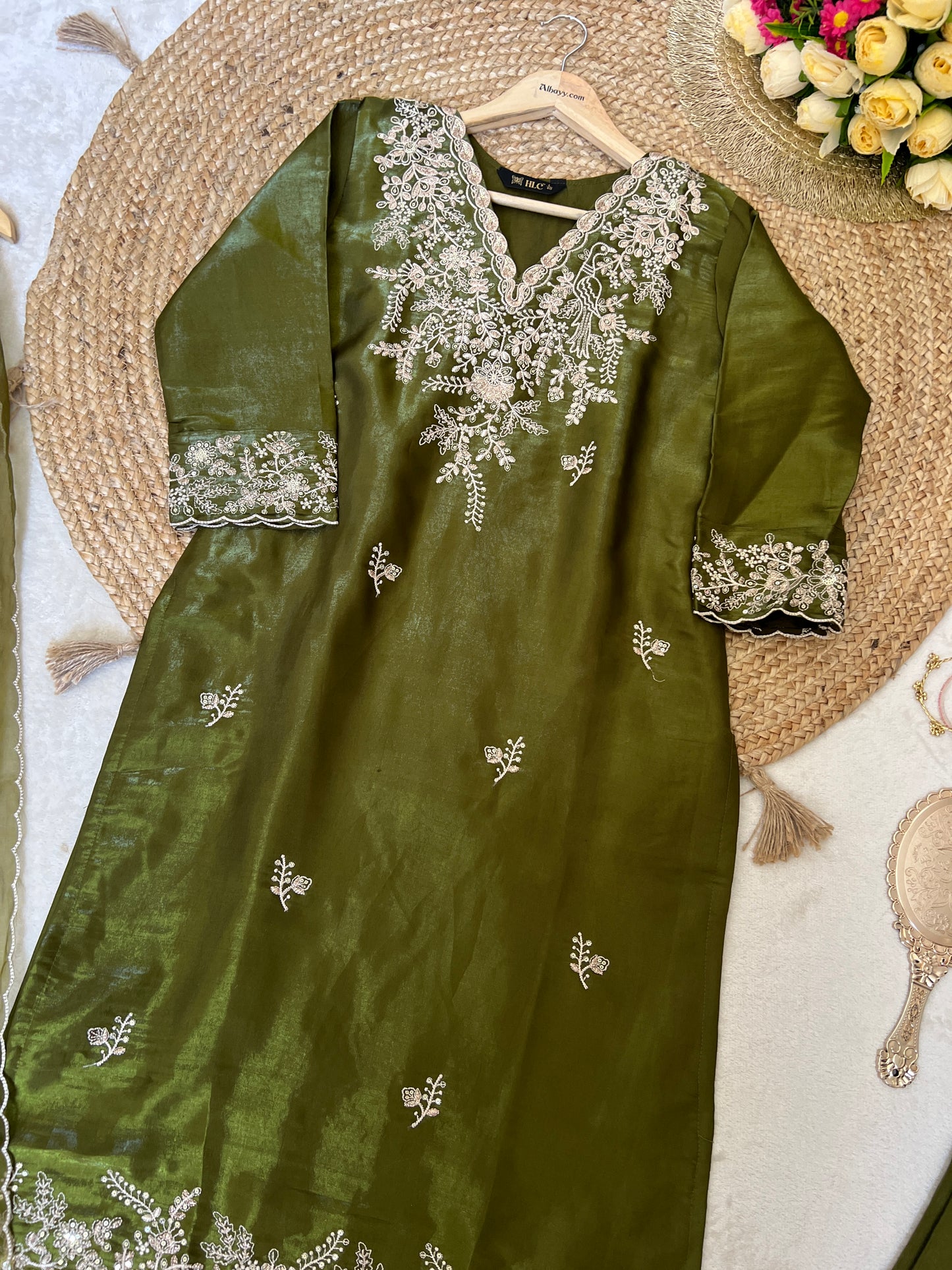Premium suit set in glass silk smooth material with full embroidery CBRP2064