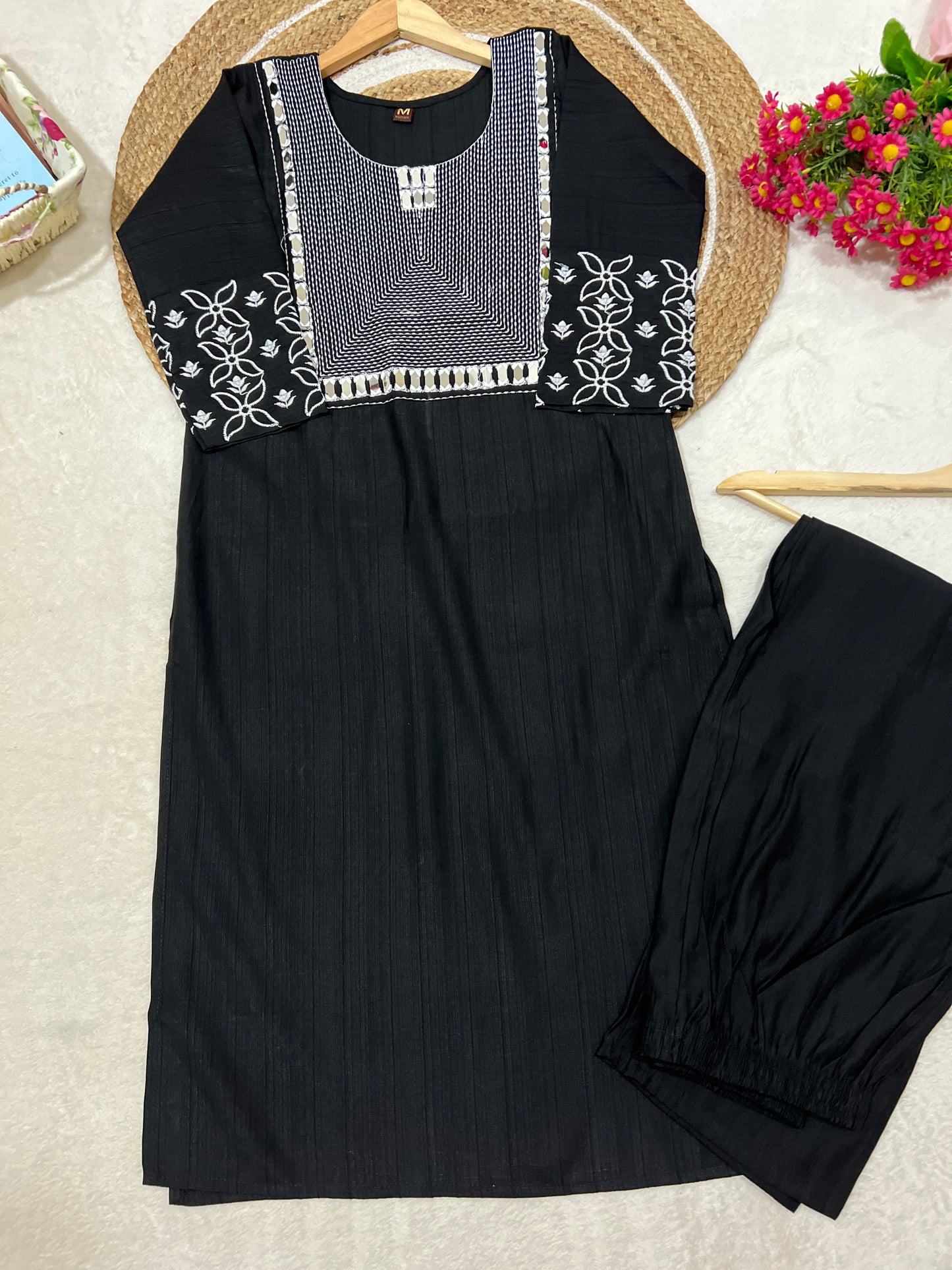 1036-Kurtie pant set with mirror and embroidery work