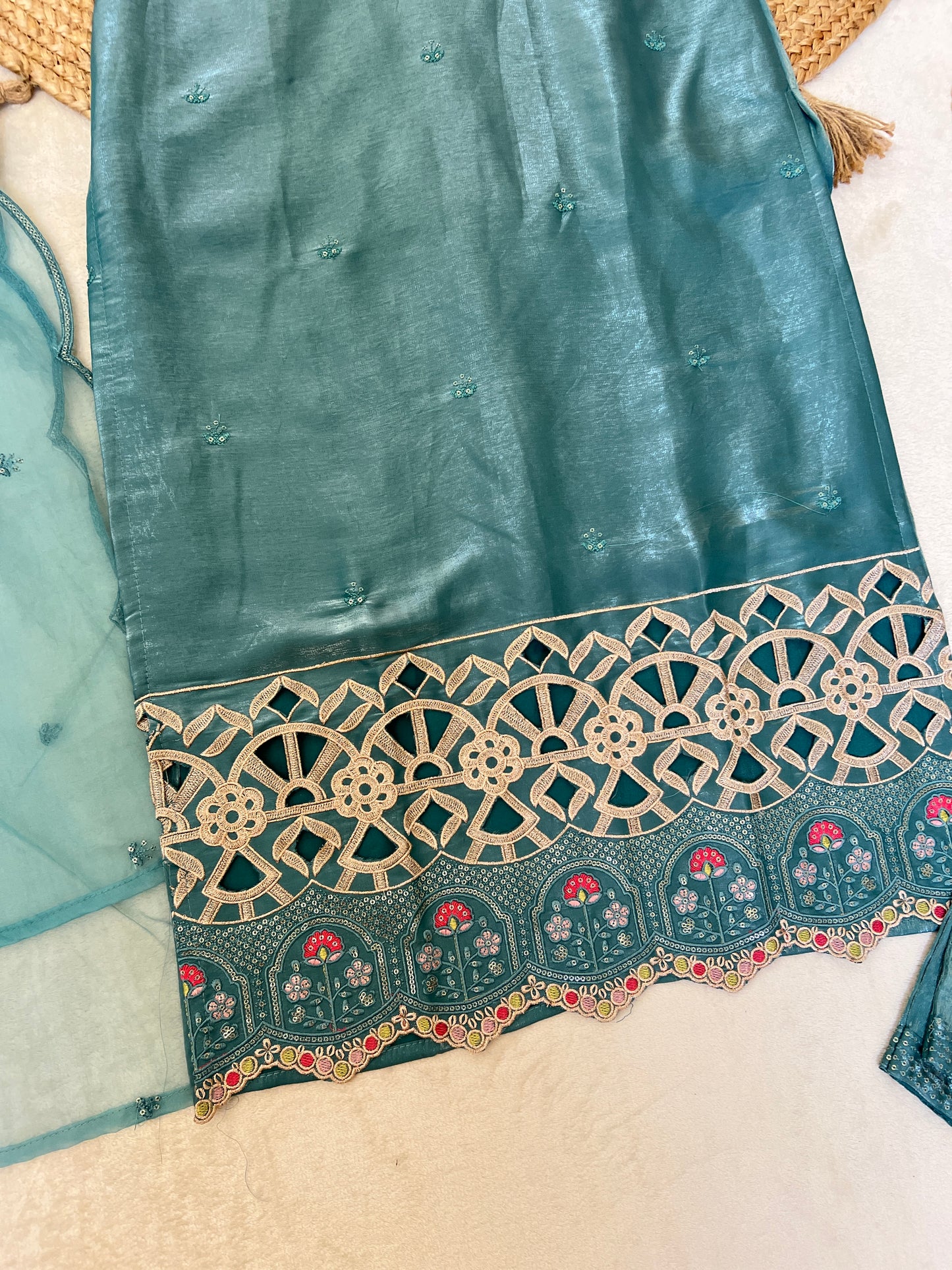 Premium suit set in glass silk smooth material with full embroidery and cut work CBRP2064