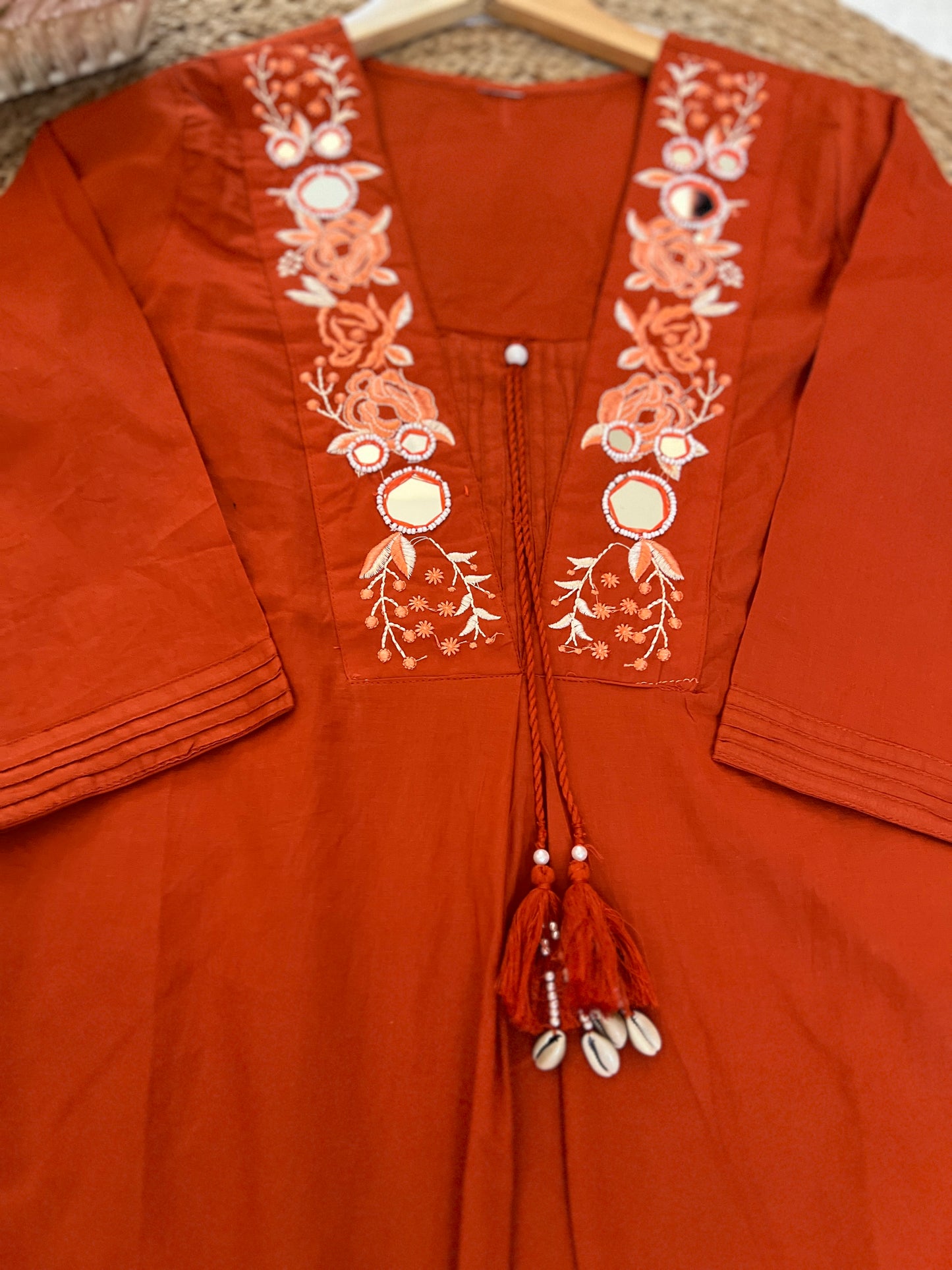 Premium cotton suit set ( embroidery mirror and sequins work & tessal on neck , dupatta with full embroidery )