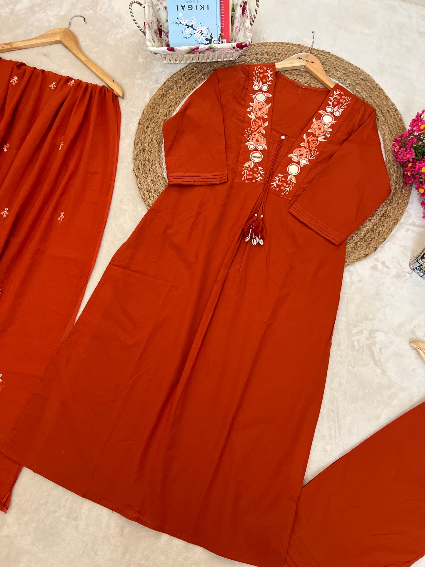 Premium cotton suit set ( embroidery mirror and sequins work & tessal on neck , dupatta with full embroidery )