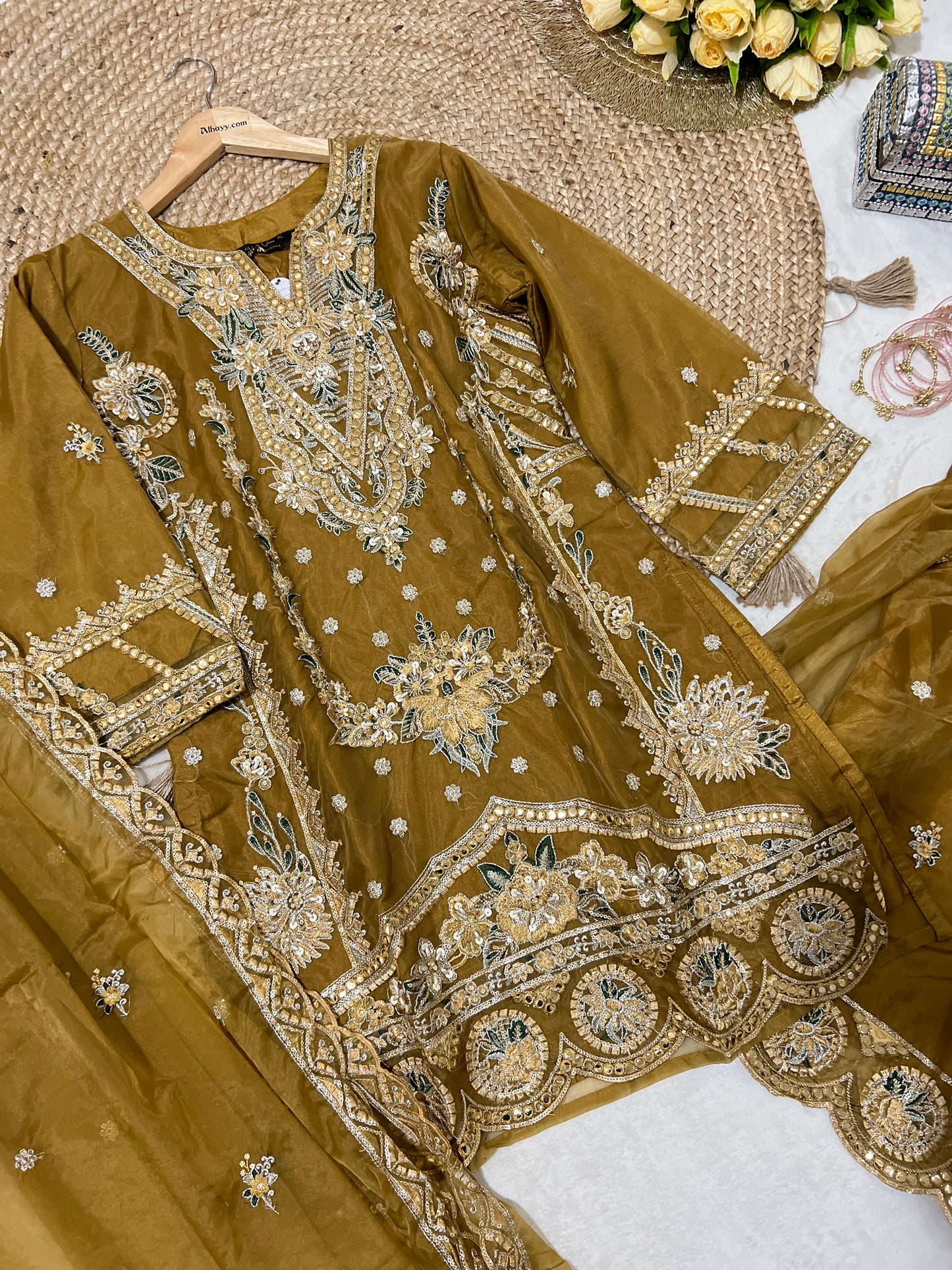 Premium suit set in organza material with full embroidery and sequins work CBRP2064
