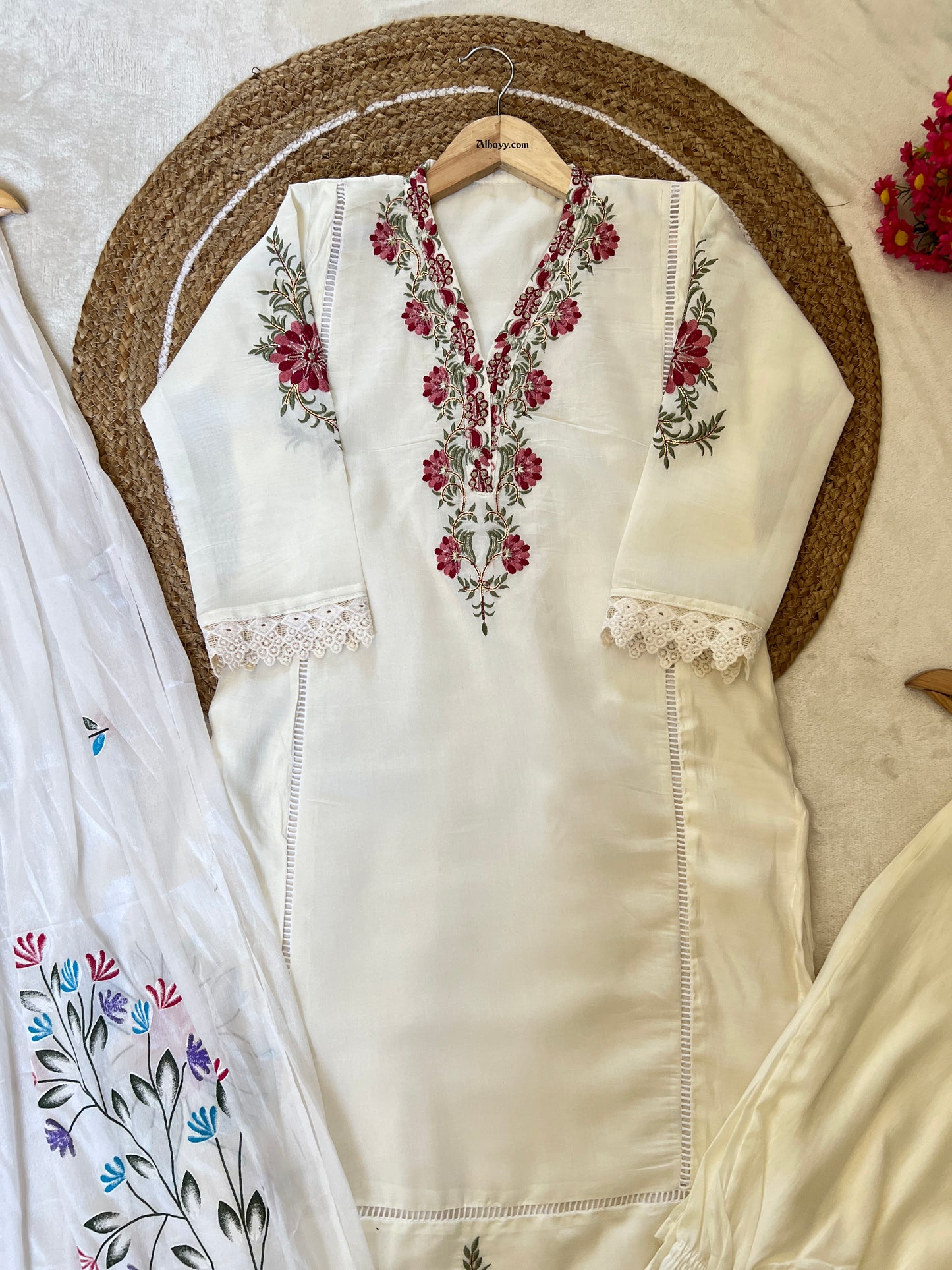 Beautiful dress with embroidery work and pant work on dupatta