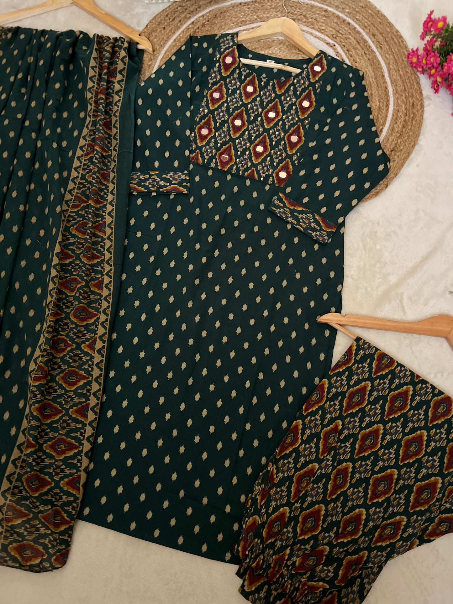 Premium cotton suit set ( sequins work and mirror work on neck )