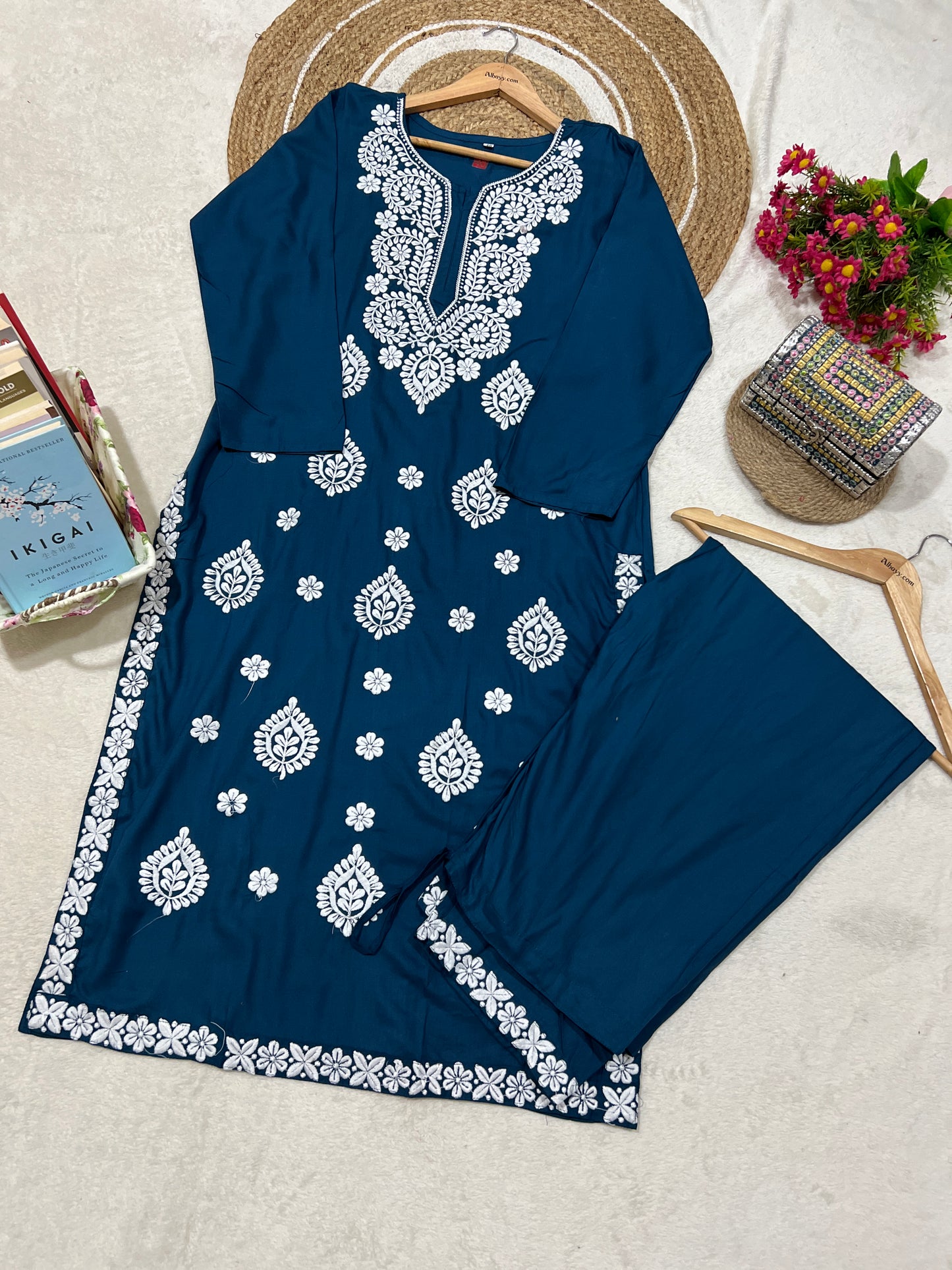 Kurtie pant set full embroidery in. Cotton rayon material