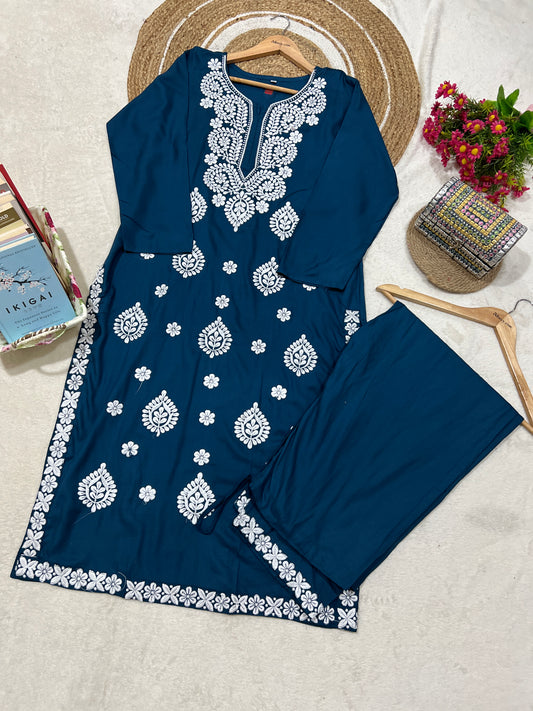 Kurtie pant set full embroidery in. Cotton rayon material