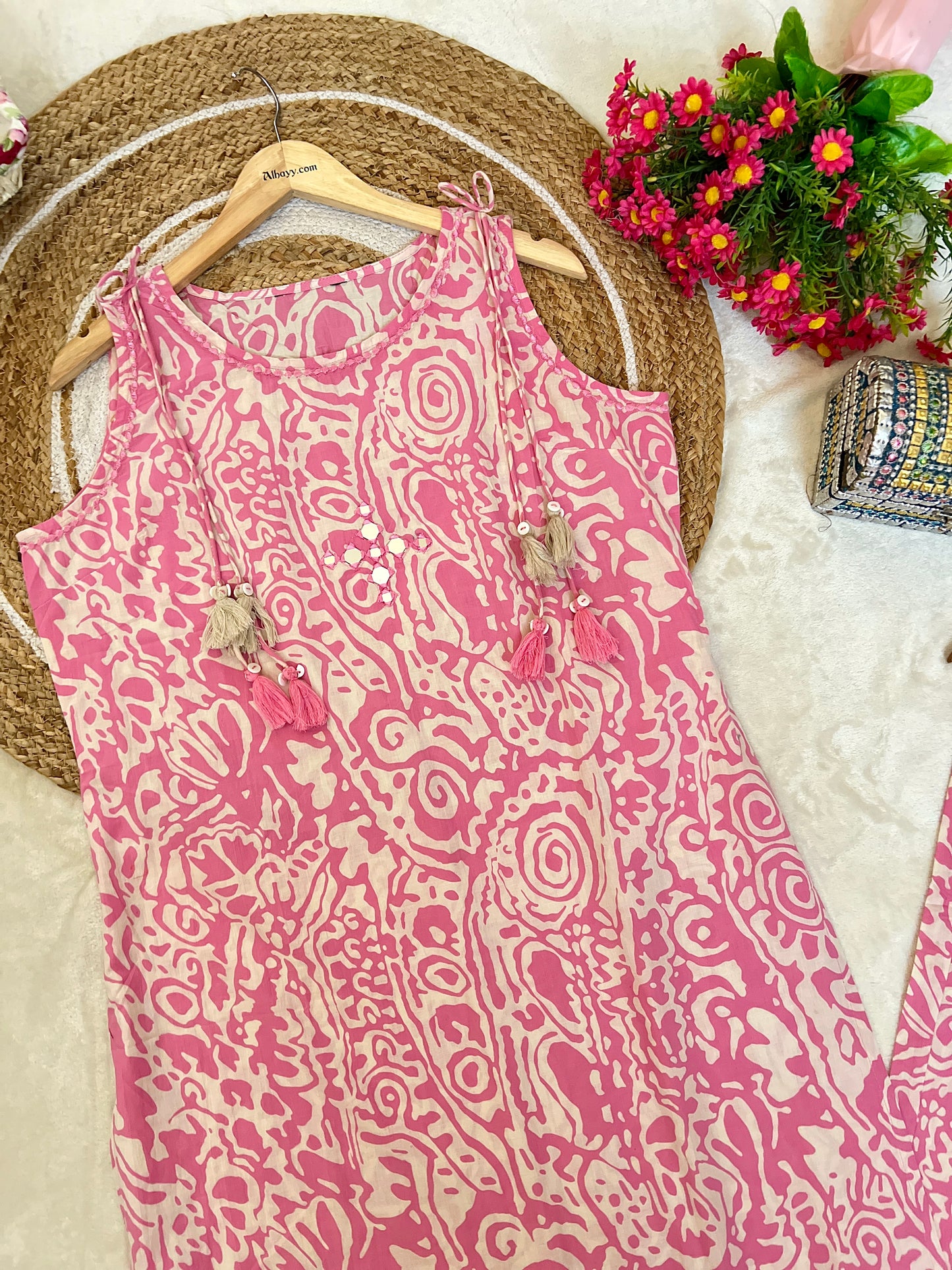 Premium cotton cord 
 set ( separate short hands available inside ) tessel work on hand and mirror on neck