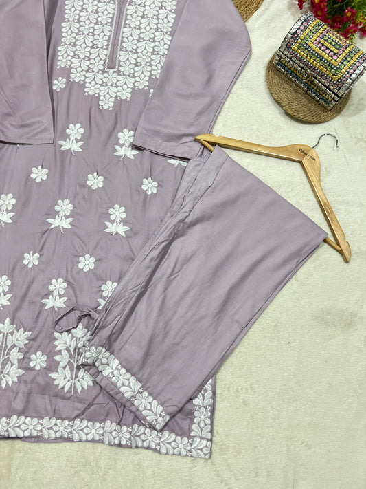 Kurtie pant set in cotton rayon material with full embroidery