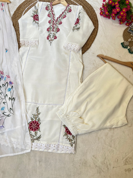 Beautiful dress with embroidery work and pant work on dupatta
