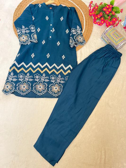 Beautiful cord set in cotton silk material with full embroidery