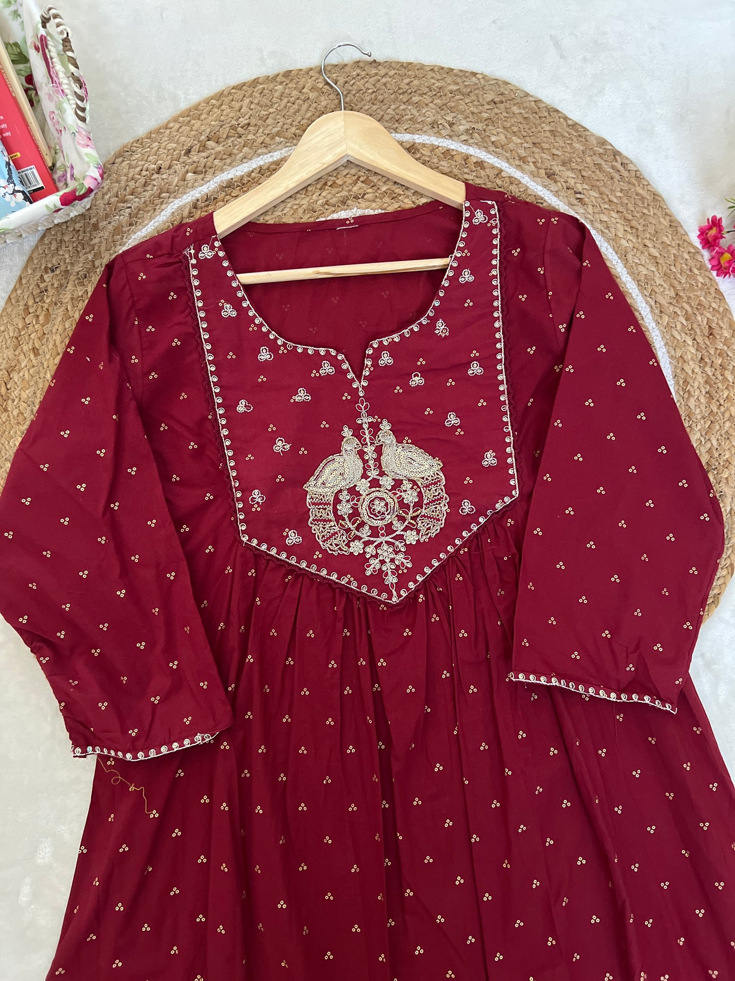 Premium cotton kurtie pant set ( neck hands border sequins embroidery work)