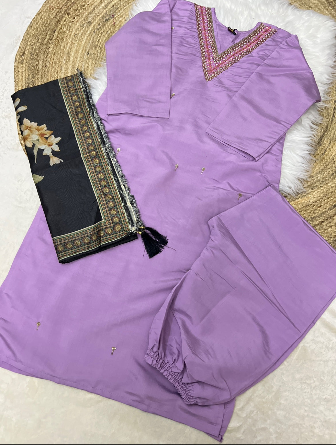 Beautiful dress in cotton silk with embroidery and sequins work on neck😍