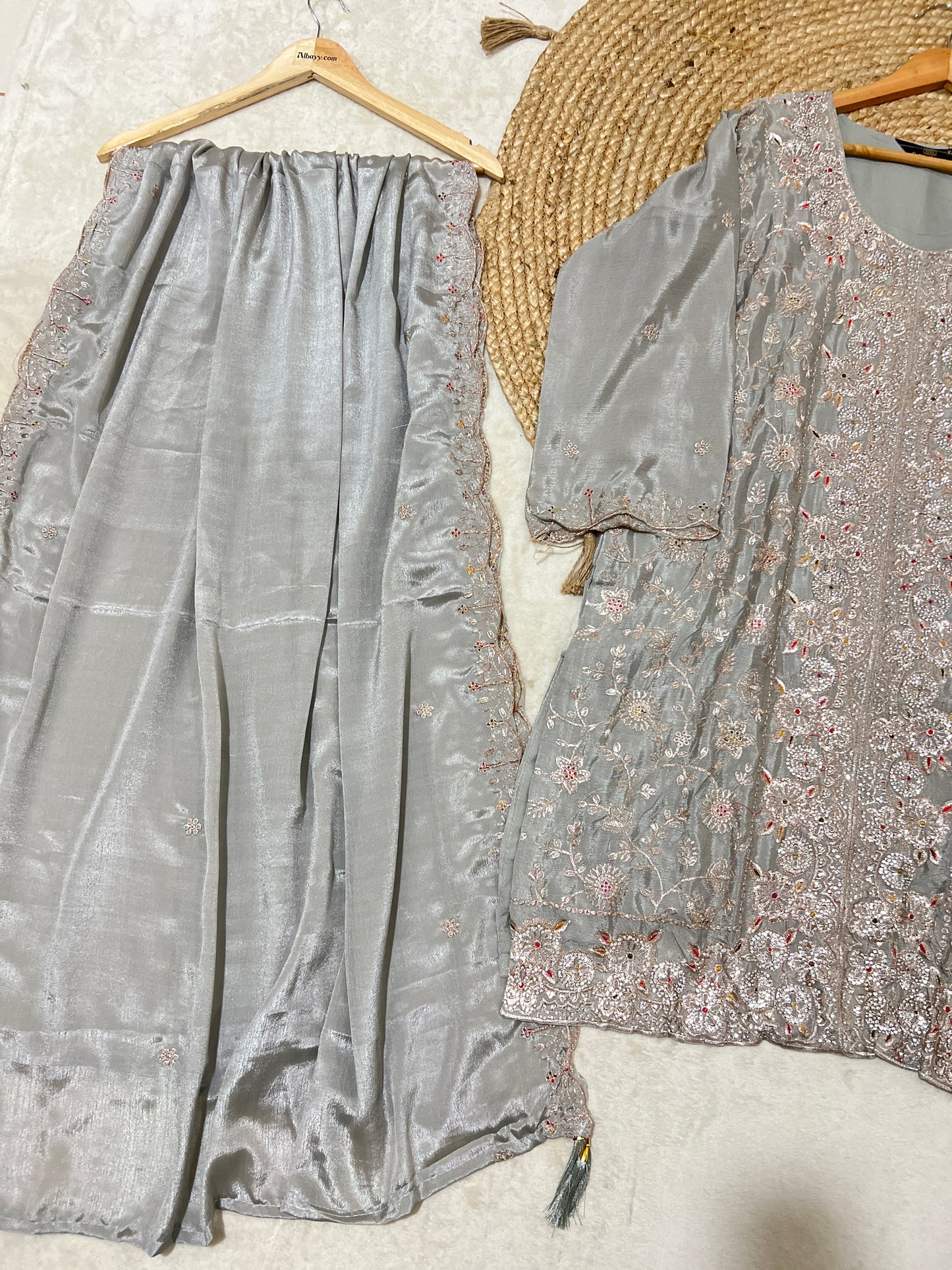 Premium suit set in silk with full embroidery and stone work CBRP2064