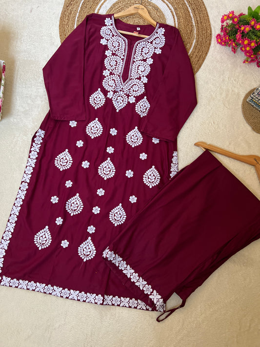 Cotton rayon kurtie pant set with embroidery