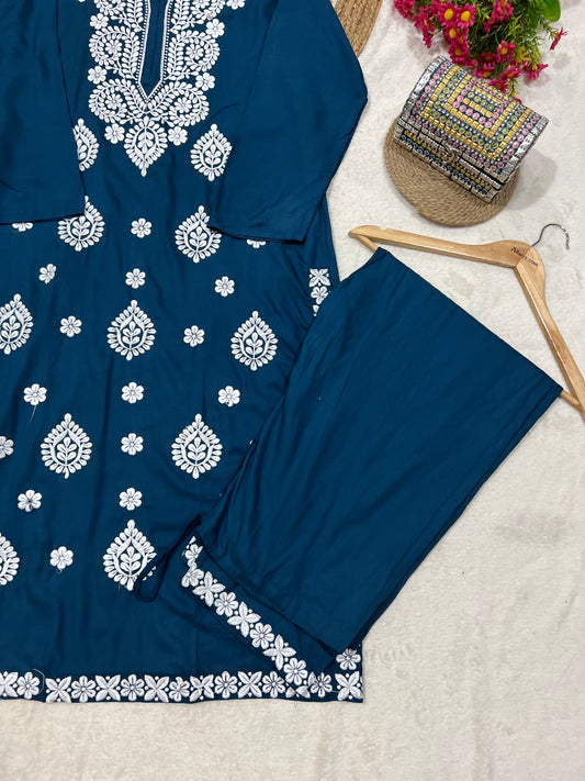 Kurtie pant set full embroidery in. Cotton rayon material
