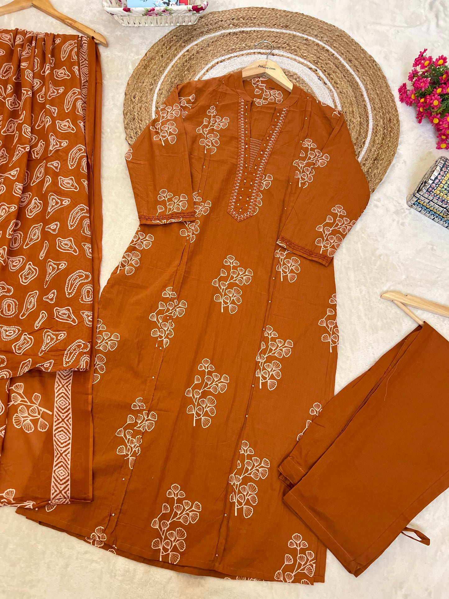 Premium cotton suit set ( lace work on hands , small sequins and embroidery on neck)