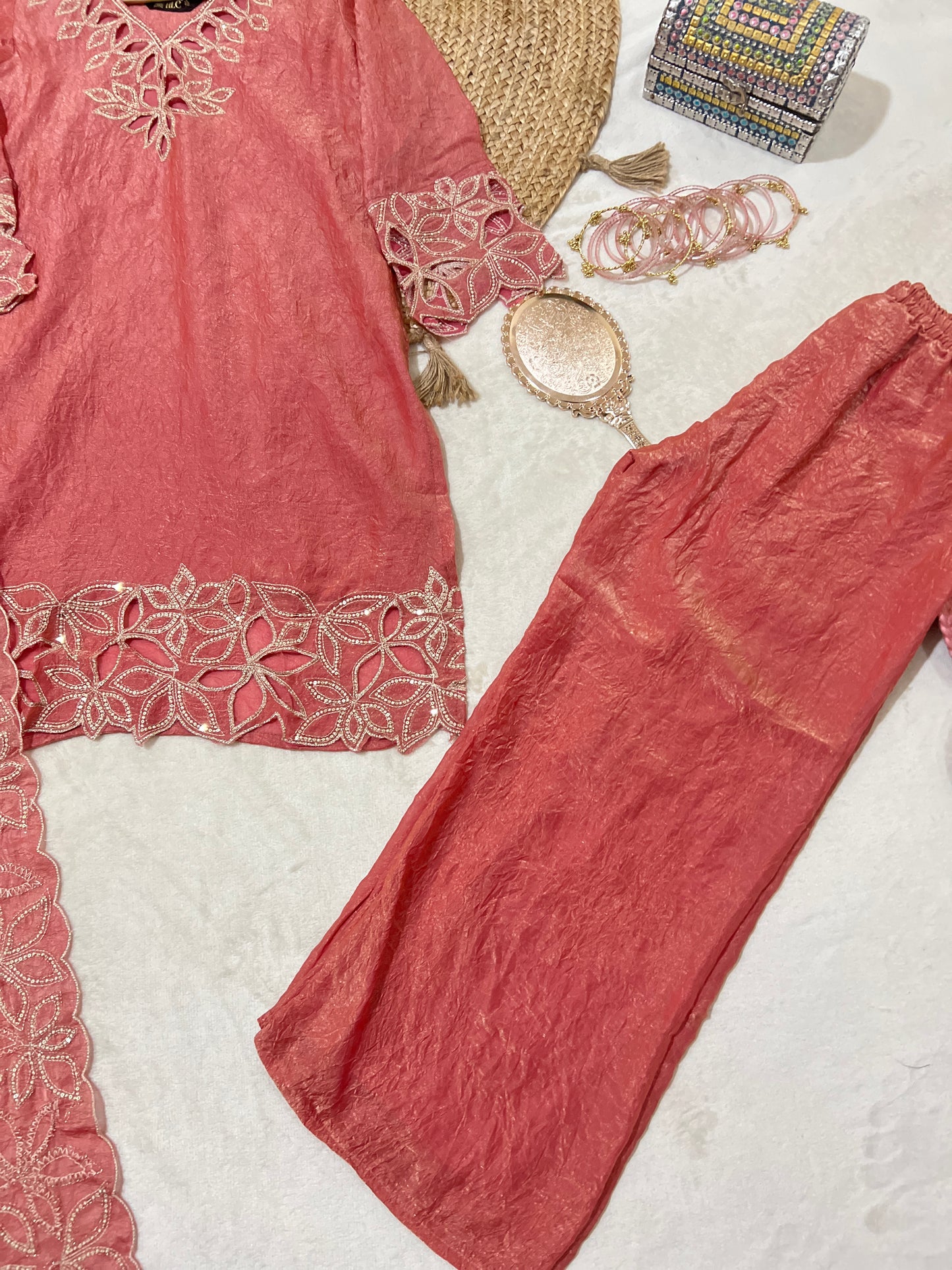 Premium suit set in shimer silk light weight material with cut work and sequins work CBRP 2064