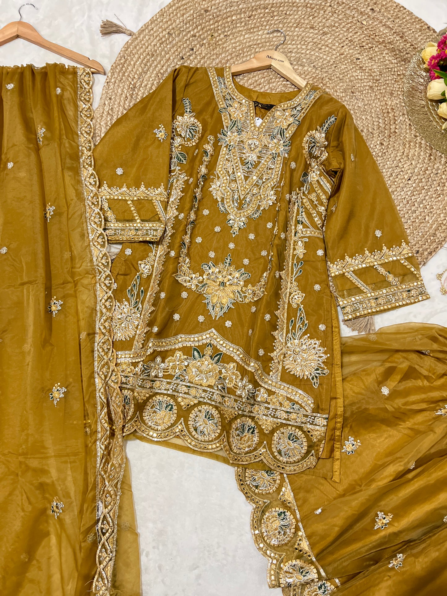 Premium suit set in organza material with full embroidery and sequins work CBRP2064