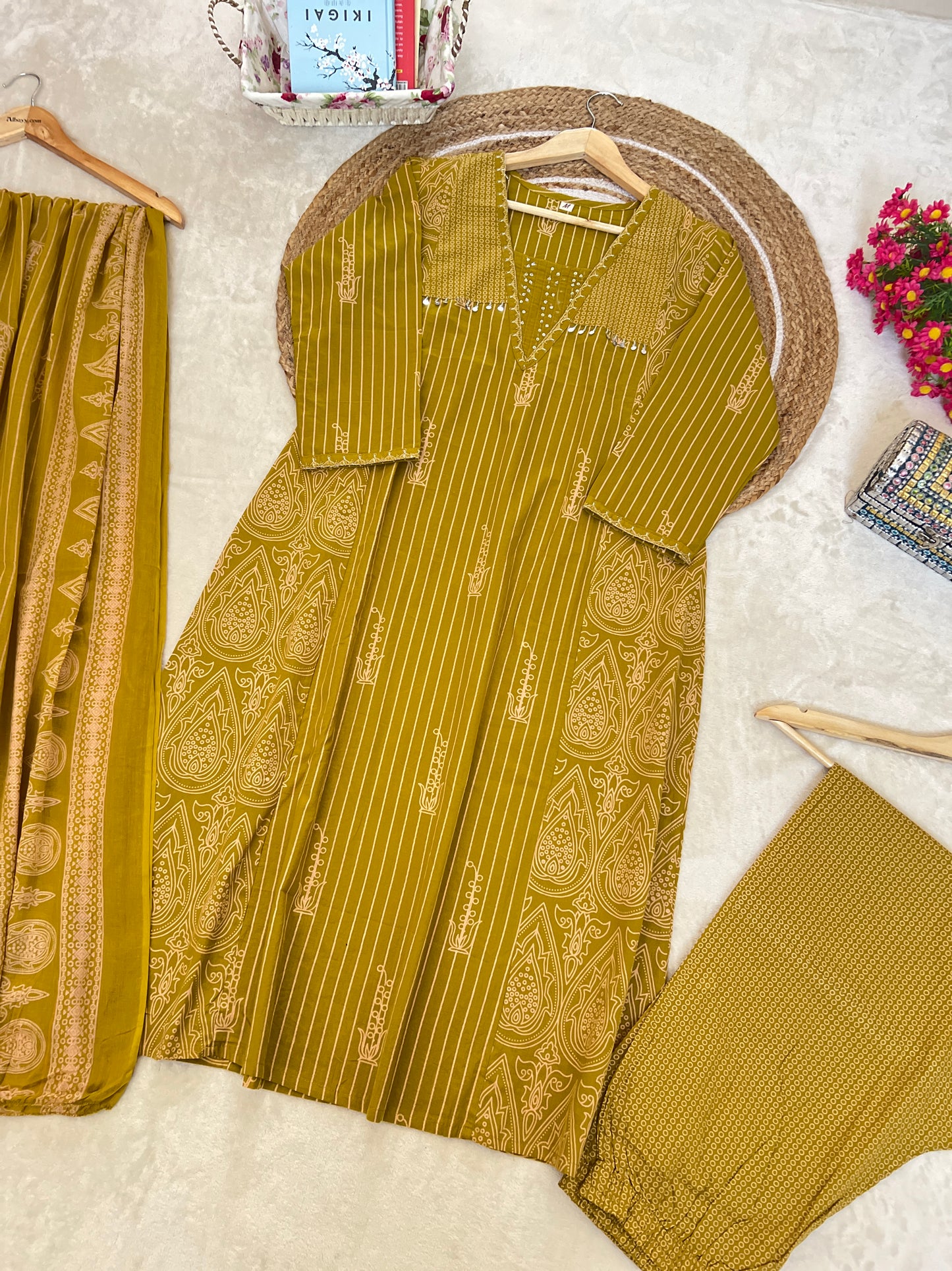 Premium cotton suit set ( sequins work on neck)