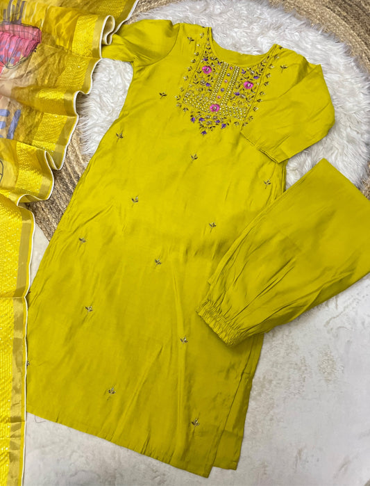 Cotton silk material dress with organza dupatta