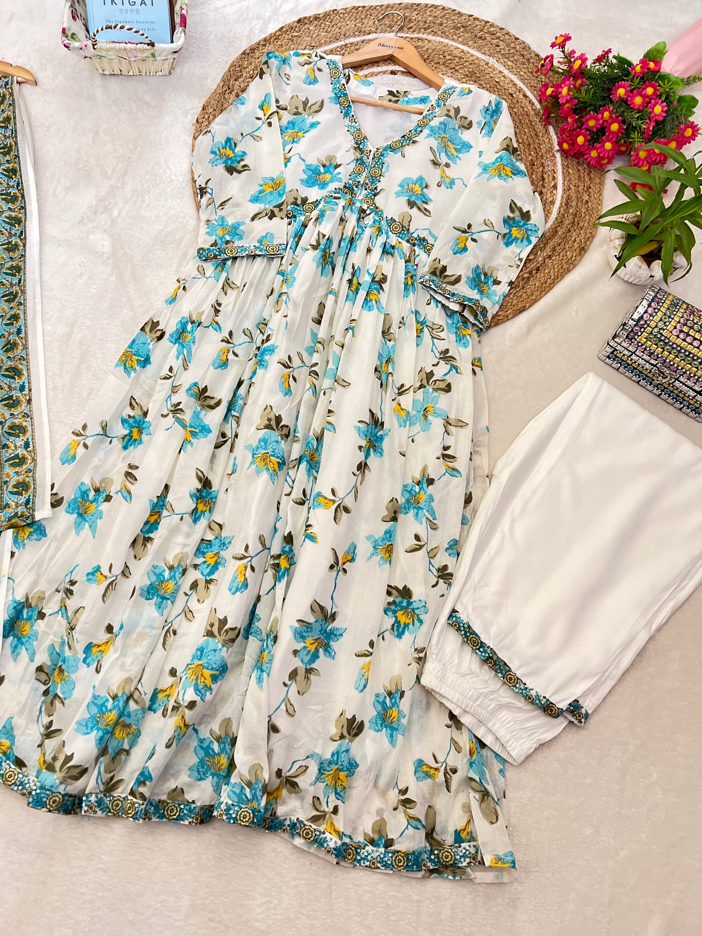 Beautiful mul cotton frock with embroidery work with pant in rayon cotton material and cotton dupatta