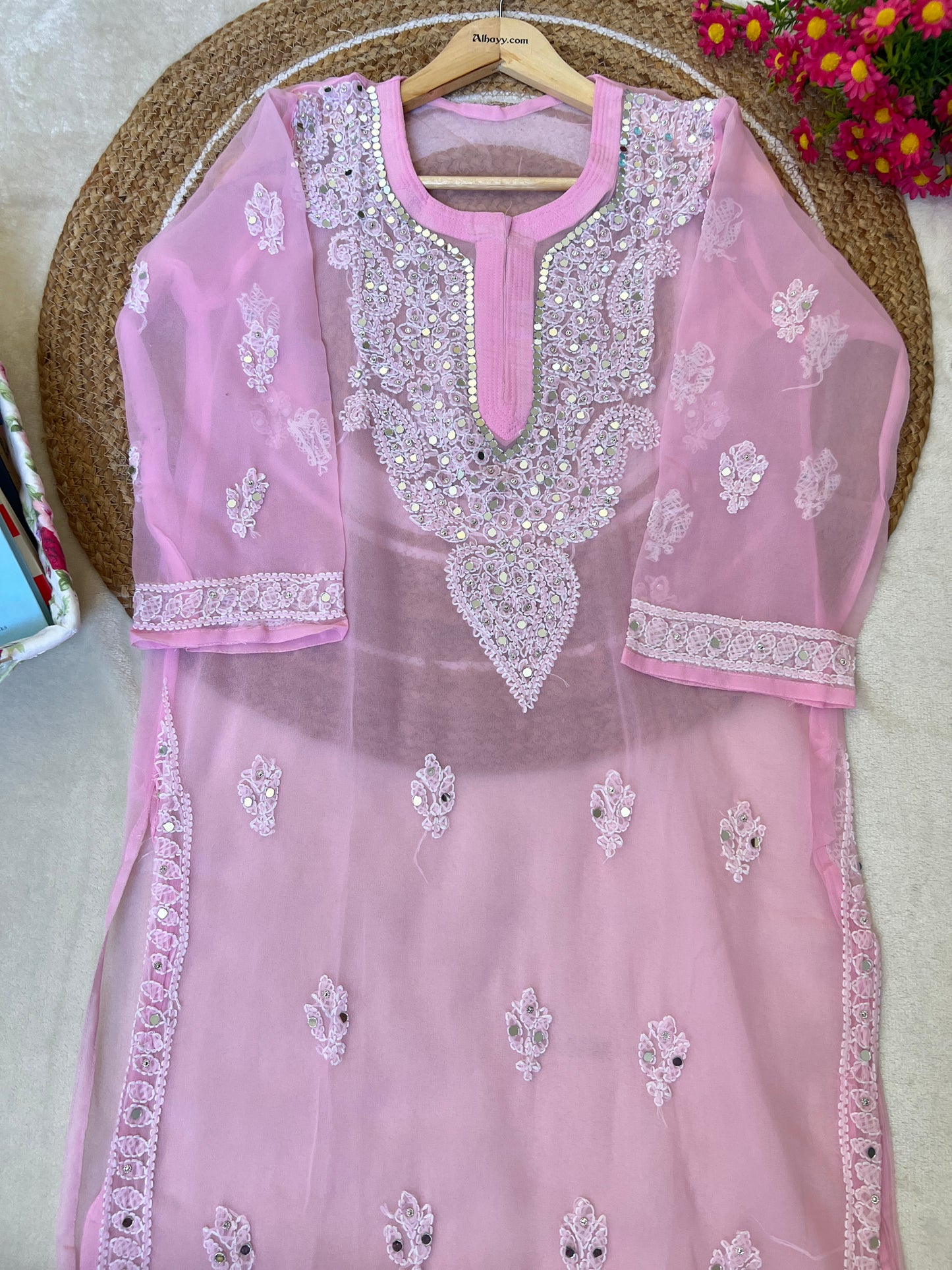 Chikankari kurtie with mirror work