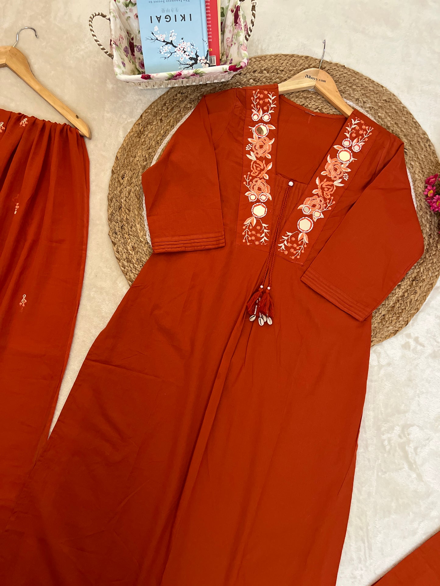 Premium cotton suit set ( embroidery mirror and sequins work & tessal on neck , dupatta with full embroidery )