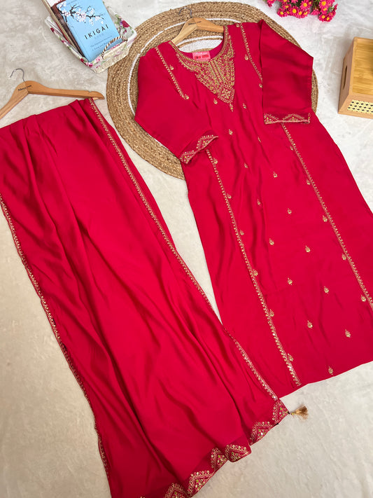 Beautiful red dress in red with golden embroidery and sequins work Material roman silk
