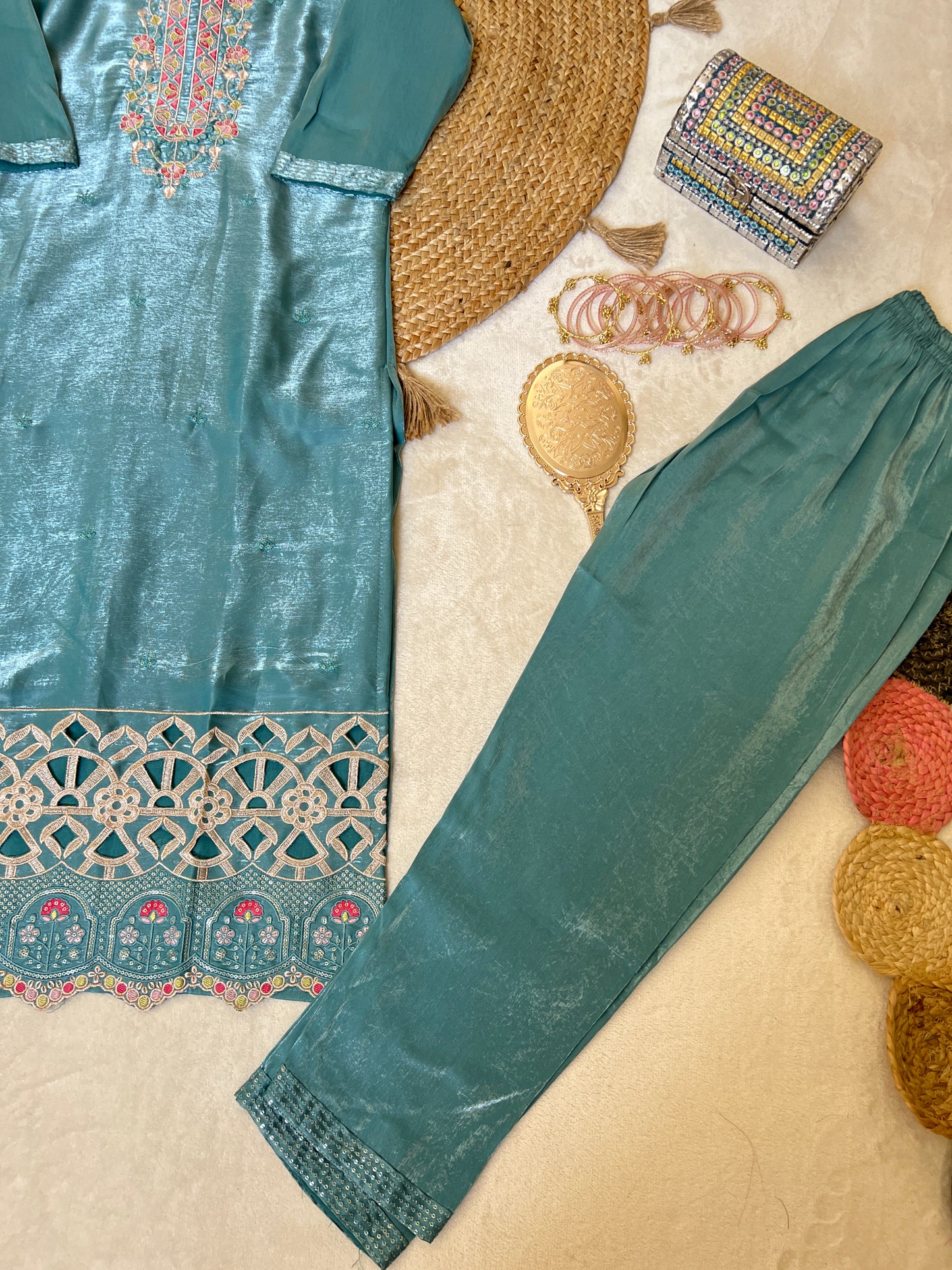 Premium suit set in glass silk smooth material with full embroidery and cut work CBRP2064