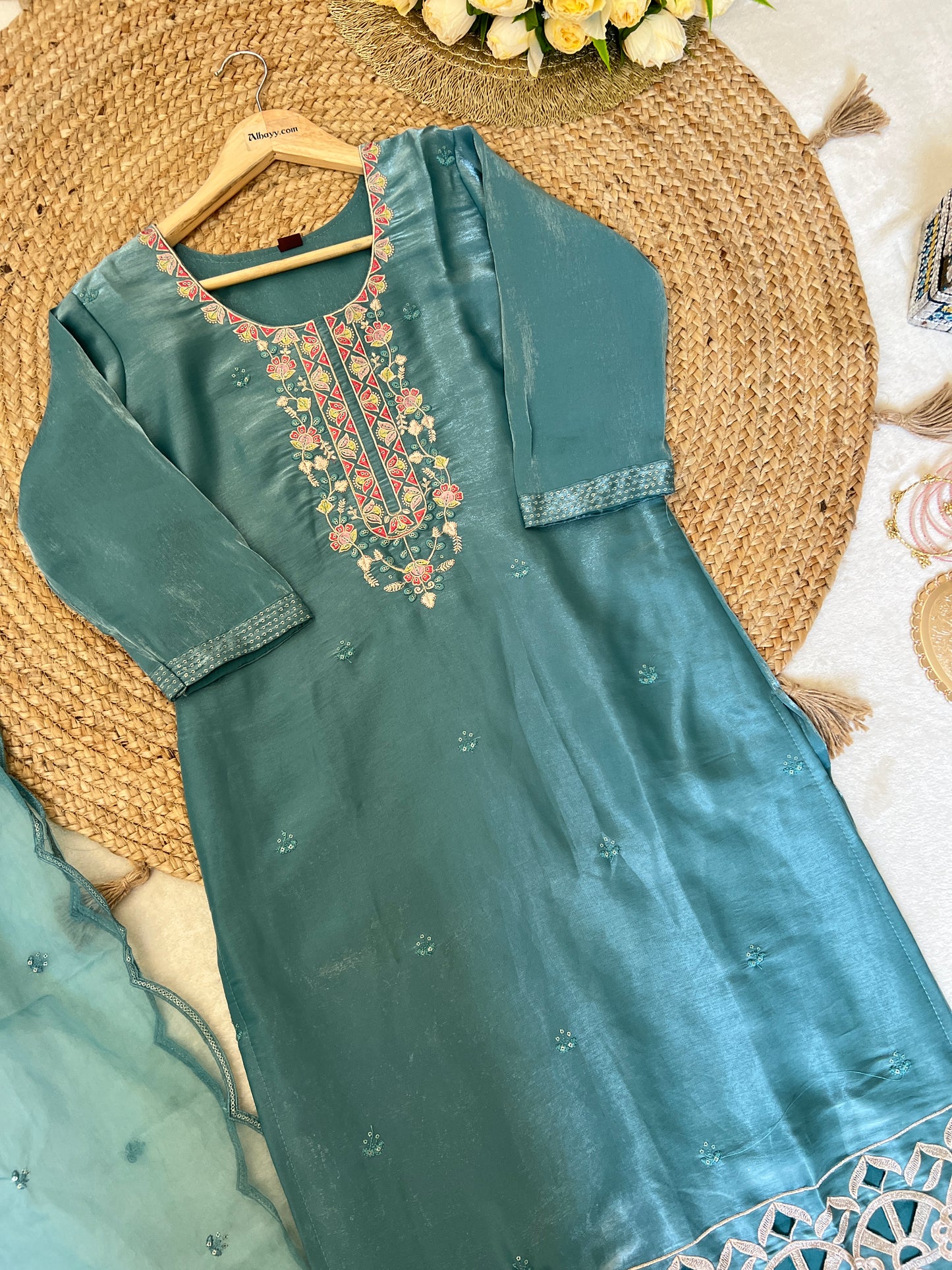 Premium suit set in glass silk smooth material with full embroidery and cut work CBRP2064