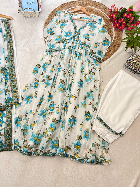 Beautiful mul cotton frock with embroidery work with pant in rayon cotton material and cotton dupatta