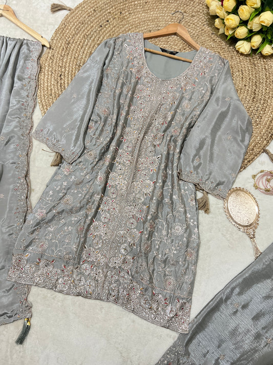 Premium suit set in silk with full embroidery and stone work CBRP2064