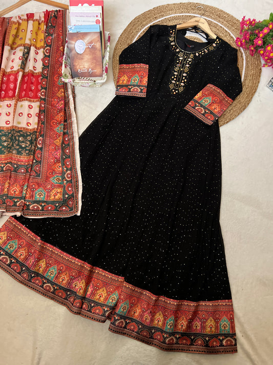 Beautiful dress in heorget material with silk dupatta ,mirror work on dupatta