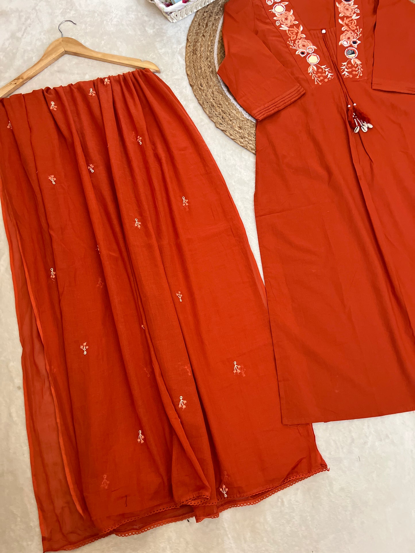 Premium cotton suit set ( embroidery mirror and sequins work & tessal on neck , dupatta with full embroidery )